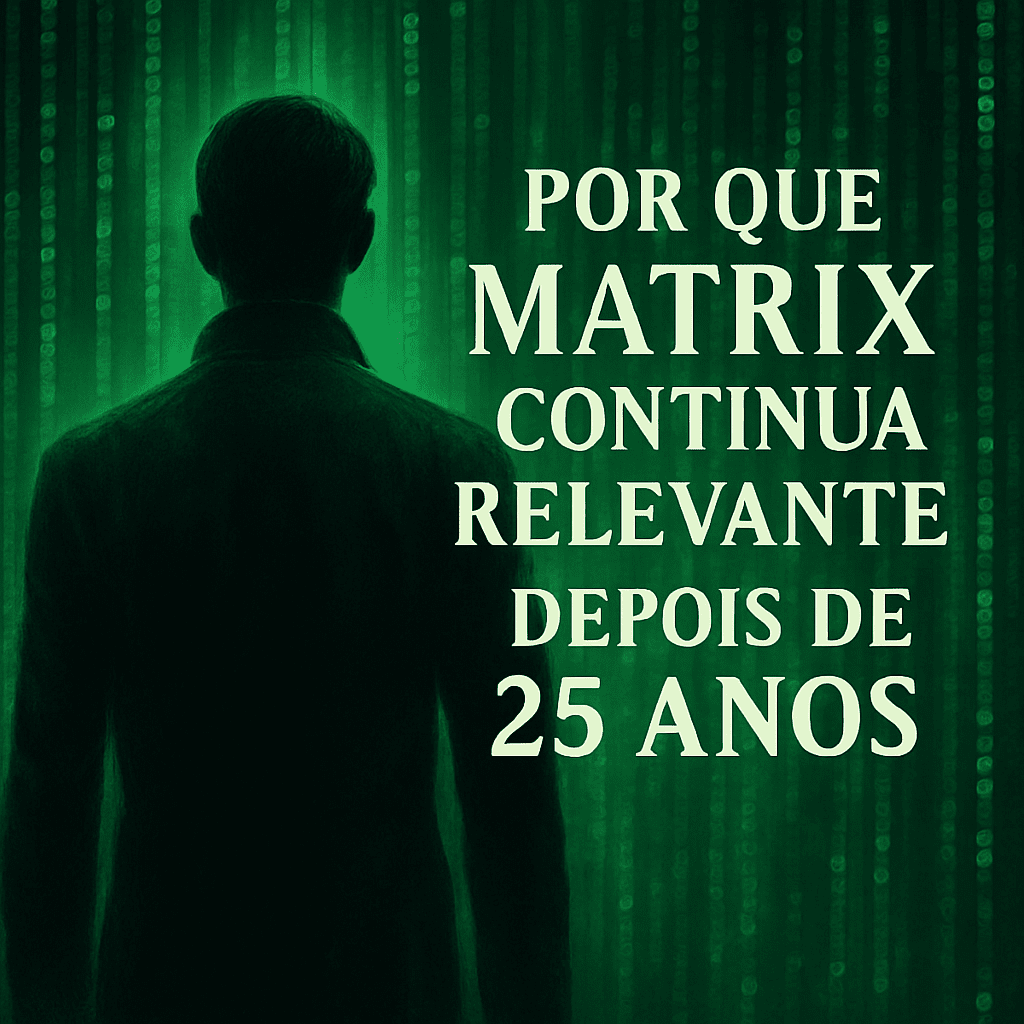 Silhueta de personagem com fundo digital verde e códigos, inspirado no filme Matrix