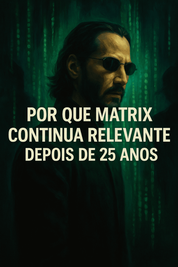 Frase Por Que Matrix Continua Relevante Depois de 25 Anos com fundo digital verde inspirado no filme