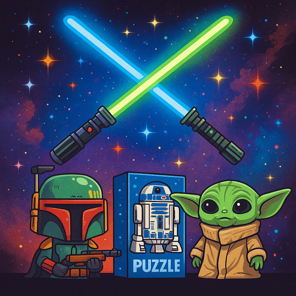 Ilustração quadrada com sabres de luz genéricos, brinquedos colecionáveis e fundo galáctico coloridov- Merchandising em Star Wars