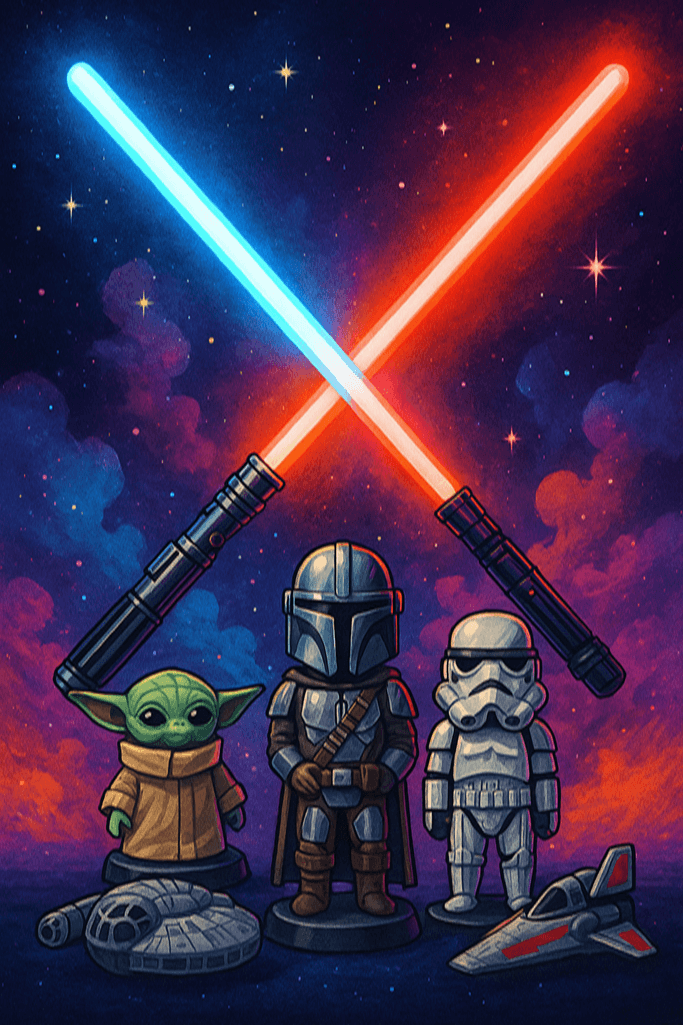 Ilustração vertical com sabres de luz e itens colecionáveis sobre fundo galáctico, representando o poder do merchandising