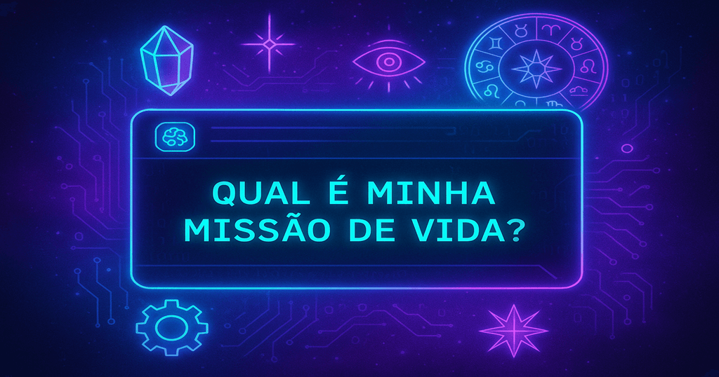 "Ilustração futurista com chat holográfico e ícones místicos, com a frase 'Qual é minha missão de vida?' em destaque." IA Missão de Vida