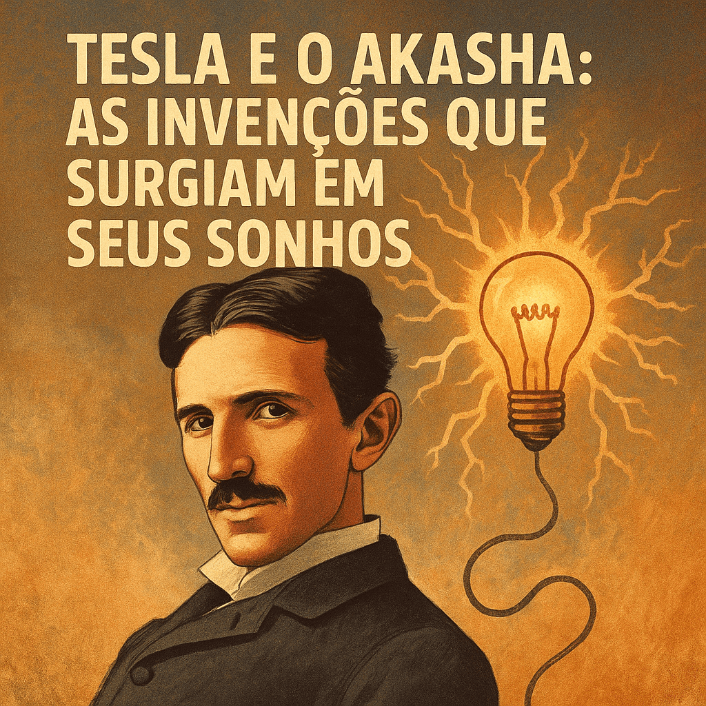 Representação artística de Nikola Tesla envolto por energia cósmica e esquemas mentais, simbolizando invenções surgidas de sonhos e do campo Akáshico. Tesla e o Akasha