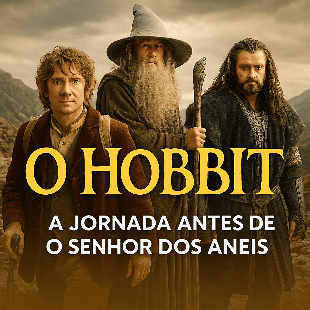 Arte da trilogia O Hobbit com personagens principais da aventura de Bilbo e os anões