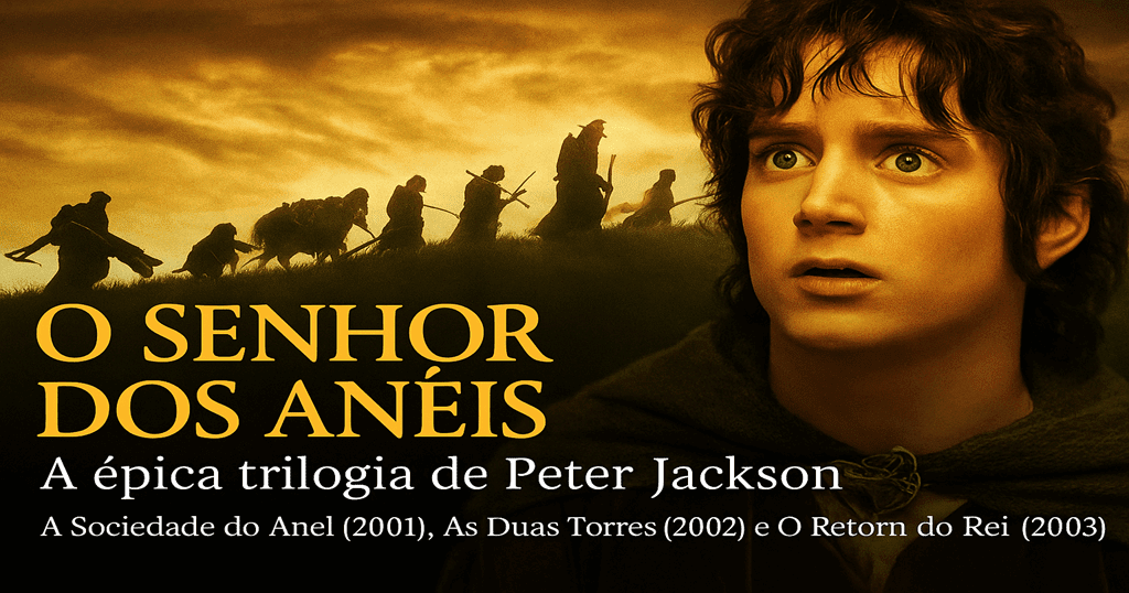 Banner com montagem dos três filmes da trilogia O Senhor dos Anéis, com Frodo, Gandalf e Aragorn em destaque, cenário da Terra Média ao fundo