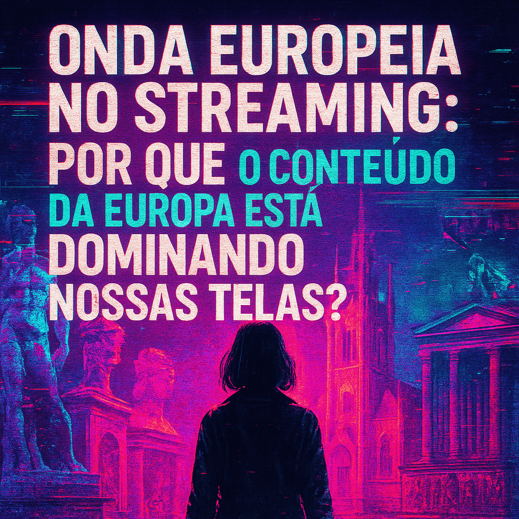 Arte digital quadrada com destaque para produções europeias no streaming, incluindo ícones de séries como Dark e Lupin.