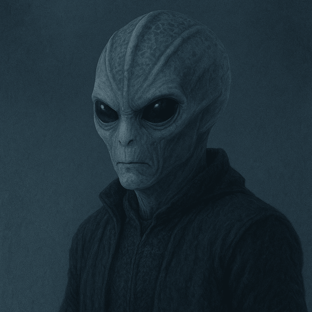 Retrato digital em close-up do alienígena de Resident Alien com pele azul acinzentada e olhos negros