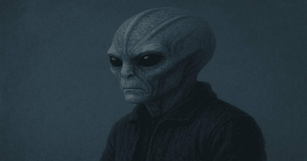 Retrato horizontal do alienígena de Resident Alien em perfil, com fundo azul escuro e expressão séria