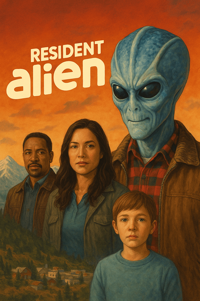 Ilustração digital de Resident Alien mostrando o alienígena Harry e personagens principais da série em frente ao pôr do sol alaranjado