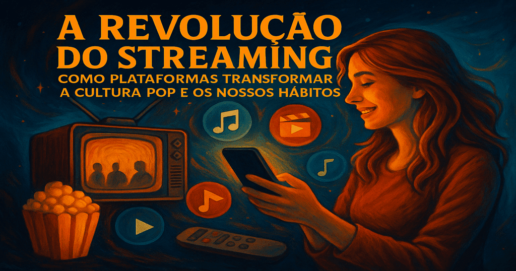 “Ilustração horizontal com jovem segurando smartphone, TV retrô ao fundo e ícones digitais de filmes, séries e música” A Revolução do Streaming