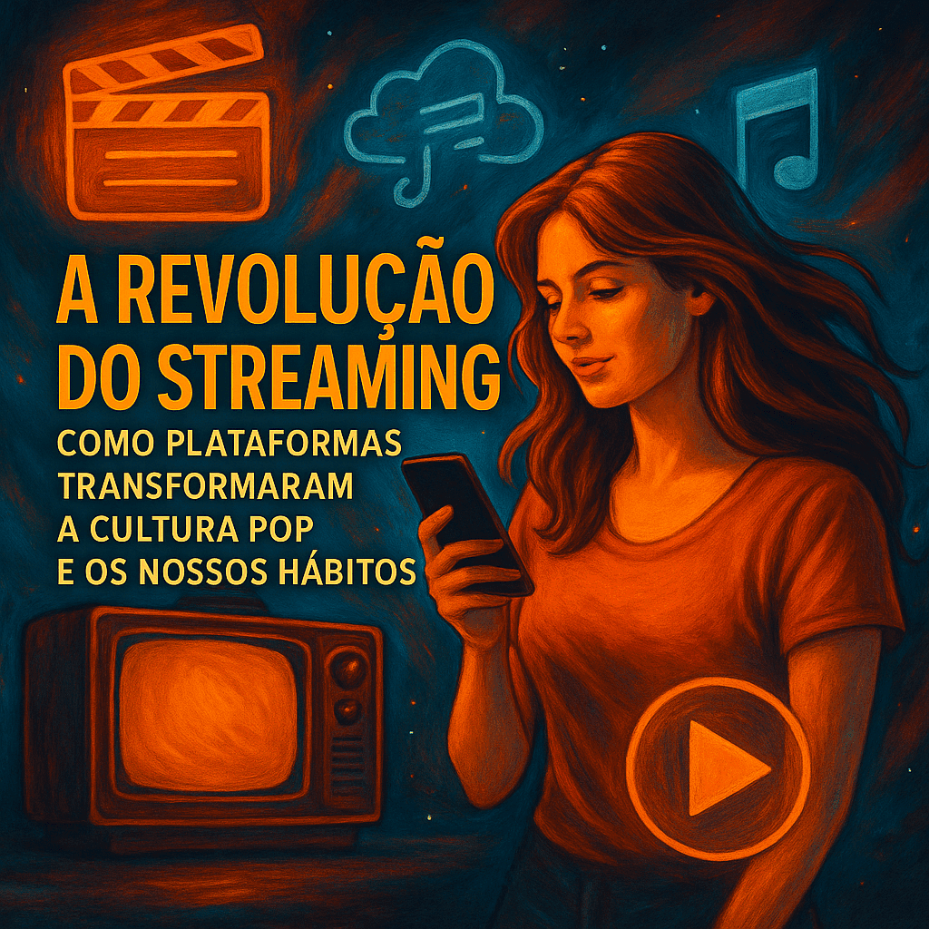 “Ilustração quadrada de jovem segurando smartphone com TV clássica ao fundo, ícones de streaming e mídia digital ao redor”. A Revolução do Streaming