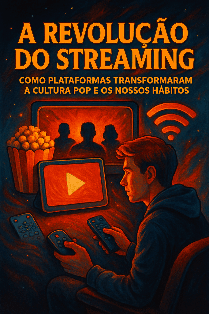 “Ilustração vertical com jovem segurando smartphone e TV retrô ao fundo, ícones de streaming como filmes, música e séries ao redor” A Revolução do Streaming