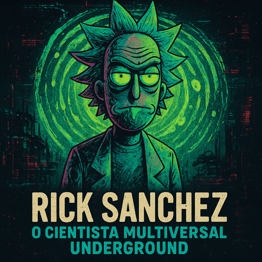 “Imagem quadrada glitch art de Rick Sanchez, personagem de Rick and Morty, com visual multiverso.”