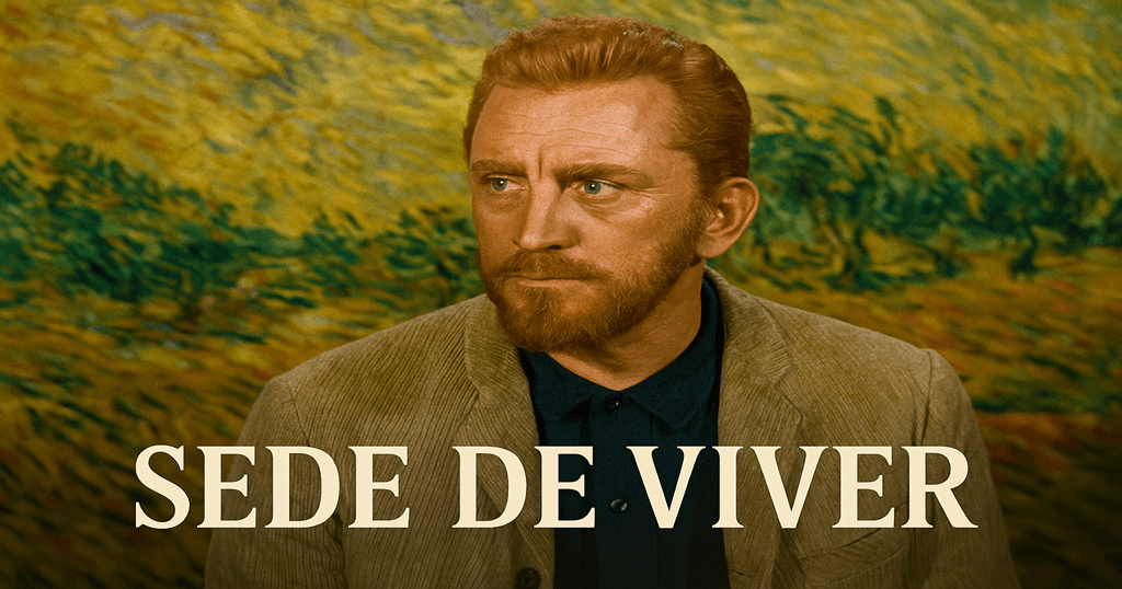 Kirk Douglas como Vincent van Gogh no filme Sede de Viver, com fundo colorido inspirado em suas pinturas
