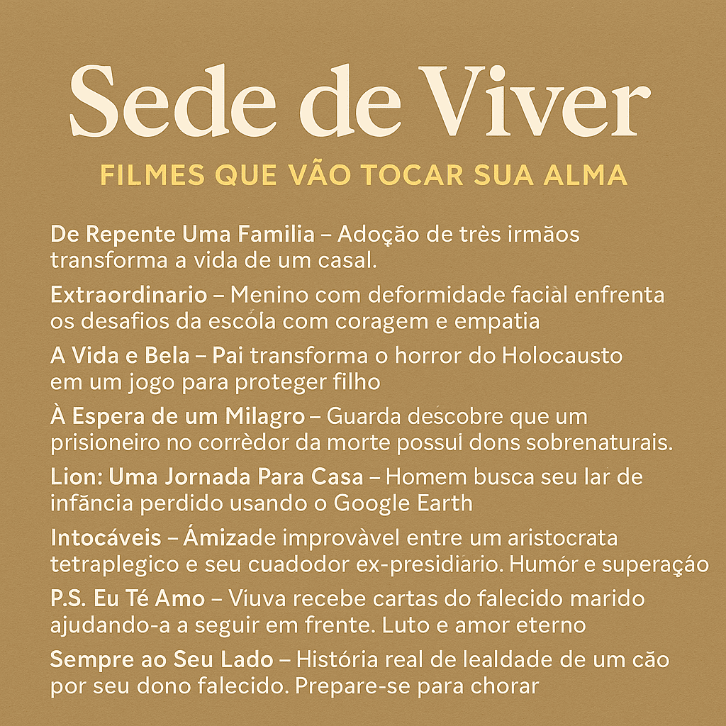 Imagem com fundo bege e lista de filmes inspiradores sob o título Sede de Viver: Filmes que Vão Tocar Sua Alma