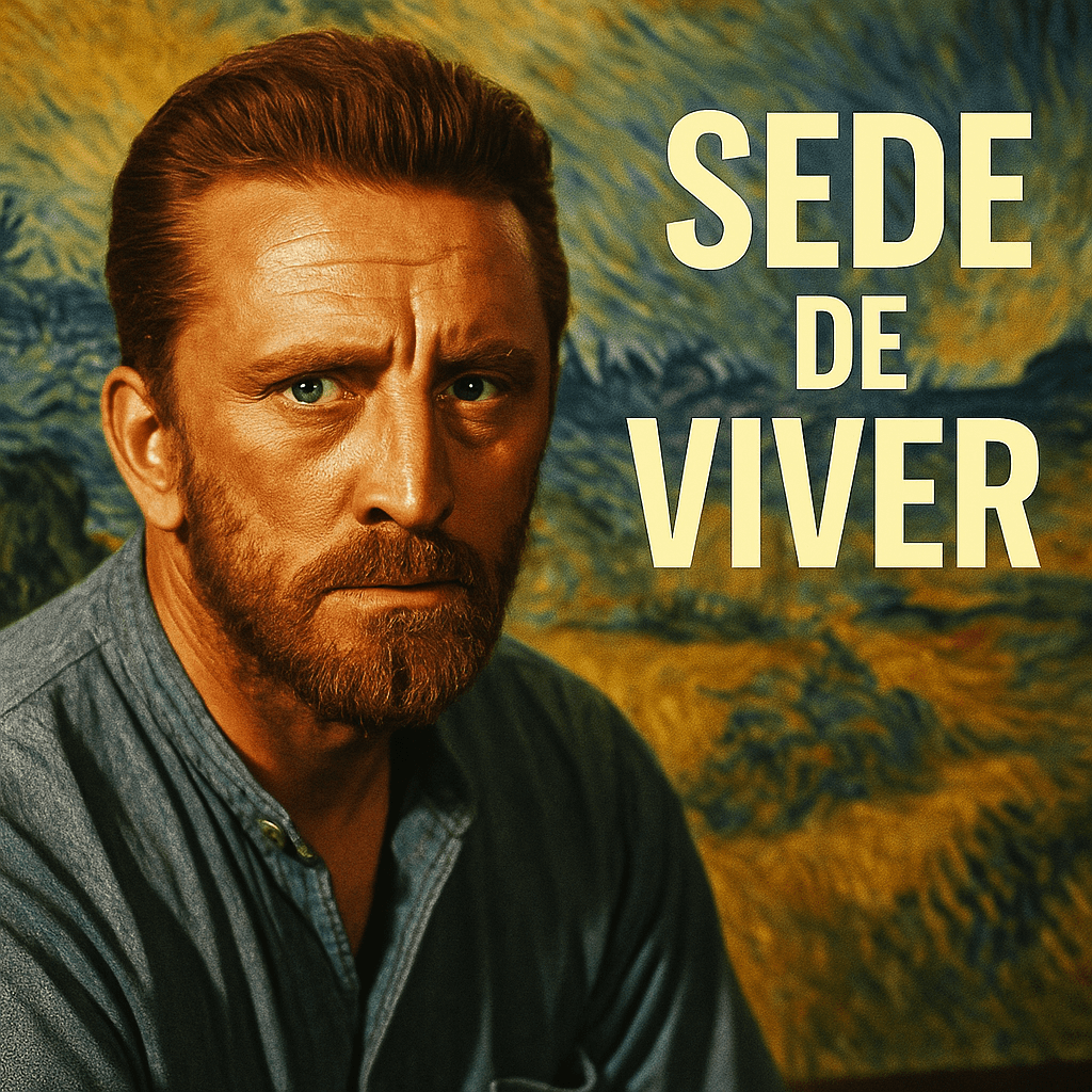 Kirk Douglas como Vincent van Gogh no filme Sede de Viver, com fundo inspirado em pintura pós-impressionista