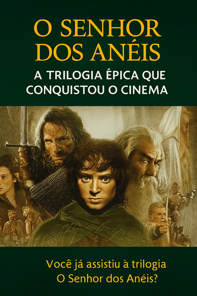 Montagem com cenas épicas da trilogia O Senhor dos Anéis, incluindo Frodo, Gandalf, Aragorn e o Um Anel brilhando ao centro