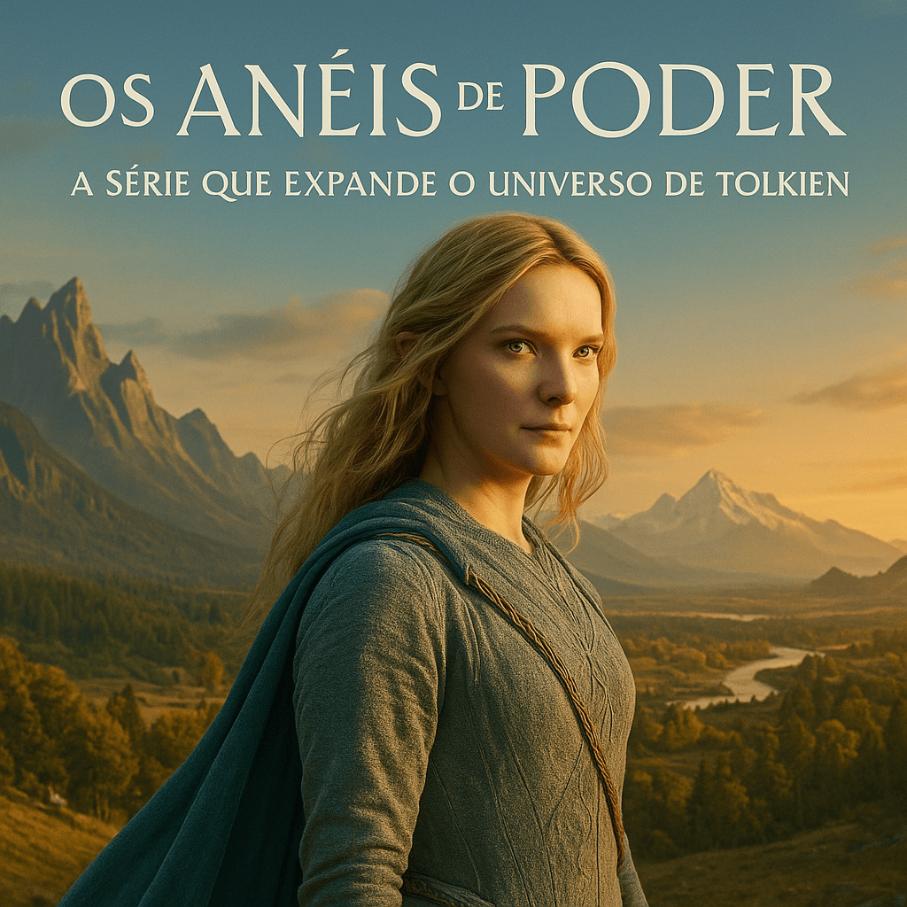 Imagem promocional da série Os Anéis de Poder com mapa da Terra Média ao fundo e personagens em destaque, representando a Segunda Era