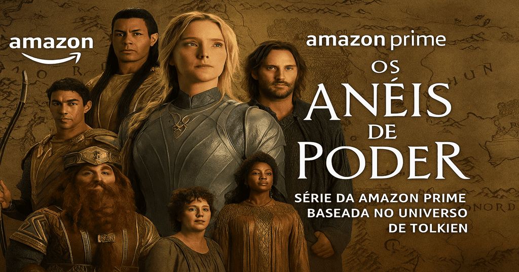 Imagem promocional da série Os Anéis de Poder da Amazon Prime Video com personagens da Terra Média e paisagens épicas