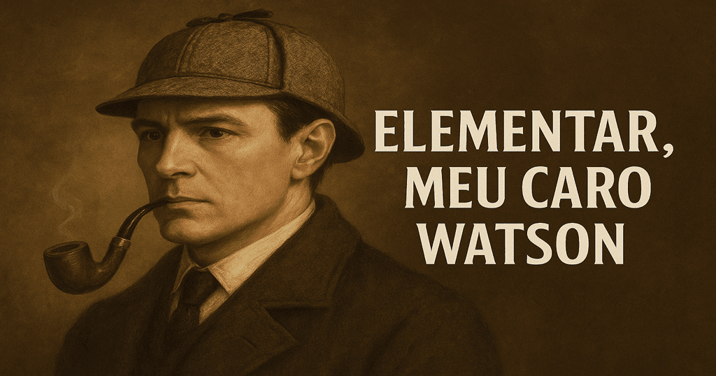 Retrato digital de Sherlock Holmes com chapéu de caça e cachimbo, frase ‘Elementar, meu caro Watson’ ao lado em fundo marrom