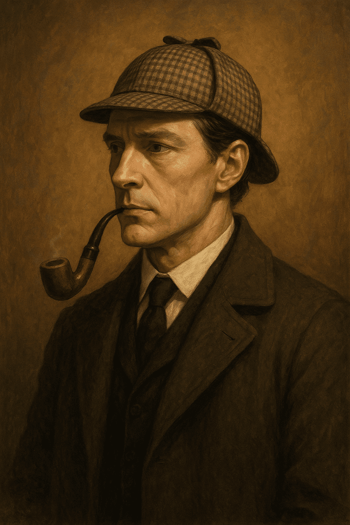 Retrato digital realista de Sherlock Holmes com chapéu de caça, cachimbo e expressão séria, fundo marrom vintage
