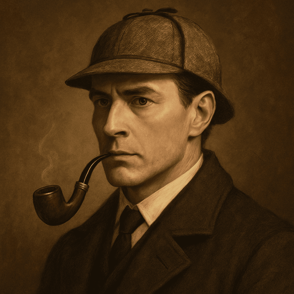 Retrato digital quadrado de Sherlock Holmes com chapéu de caça, cachimbo e expressão analítica, fundo marrom clássico