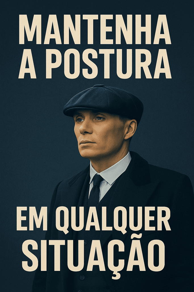 Imagem vertical de Thomas Shelby com a frase “Mantenha a postura em qualquer situação”, representando autocontrole e presença.