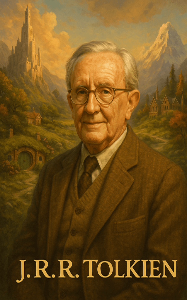 Ilustração vertical de J.R.R. Tolkien em estilo semi-realista, cercado por elementos da Terra Média como elfos, anéis e montanhas, representando sua importância como criador do universo de O Senhor dos Anéis e O Hobbit.