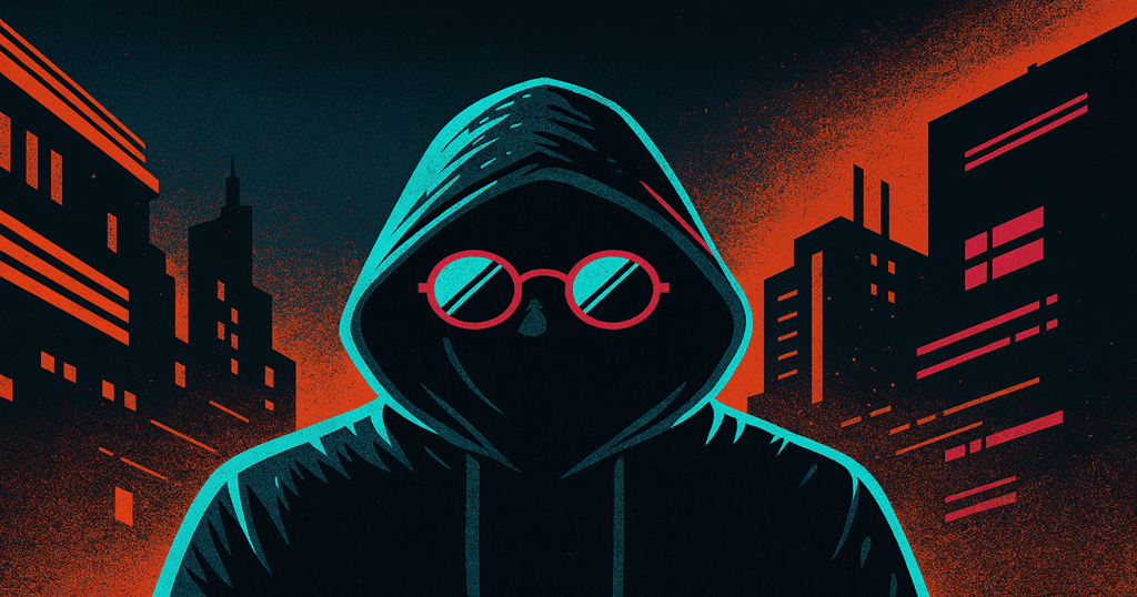 “Ilustração horizontal em estilo retrô com figura encapuzada e óculos redondos diante de prédios urbanos iluminados, representando o lado oculto da cultura pop.”