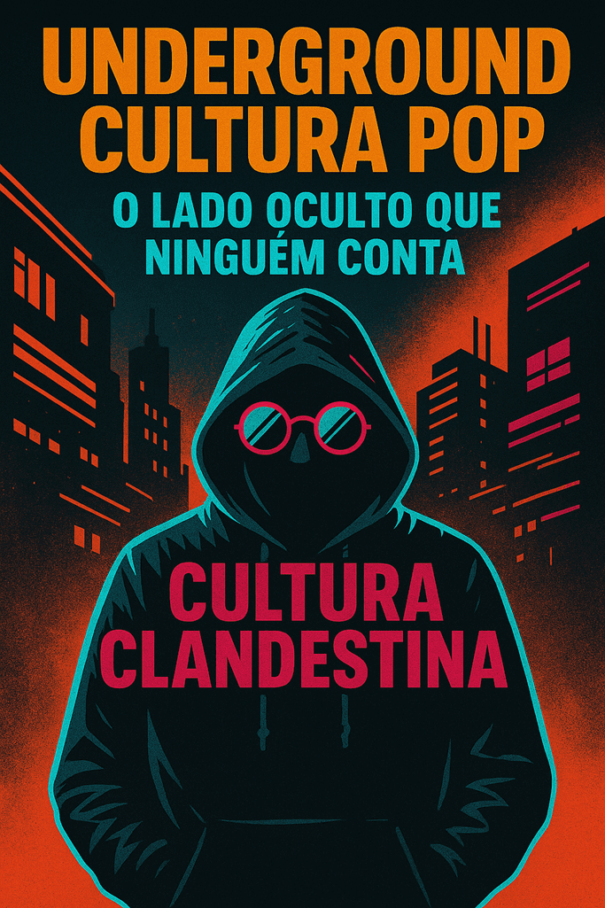 “Arte vertical com figura encapuzada e óculos vermelhos entre prédios urbanos iluminados, destacando o lado oculto da cultura pop.”