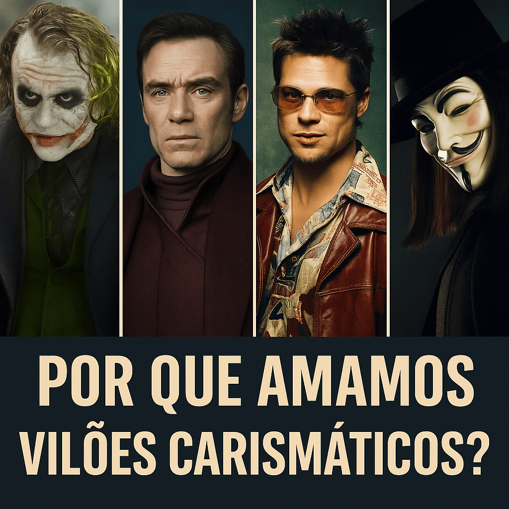 Montagem com os rostos de quatro vilões icônicos da cultura pop: Coringa, Magneto, Killmonger e Light Yagami, representando o fascínio por antagonistas inteligentes e carismáticos.