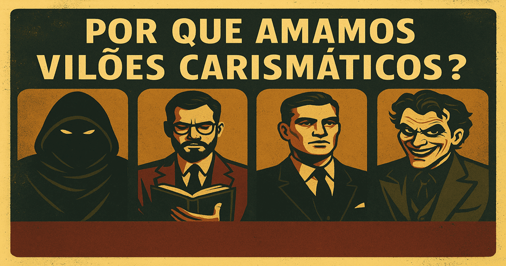 Cartaz digital em estilo vintage noir com quatro personagens fictícios inspirados em vilões da cultura pop. A composição remete a antagonistas inteligentes e sedutores, com atmosfera sombria e elegante.