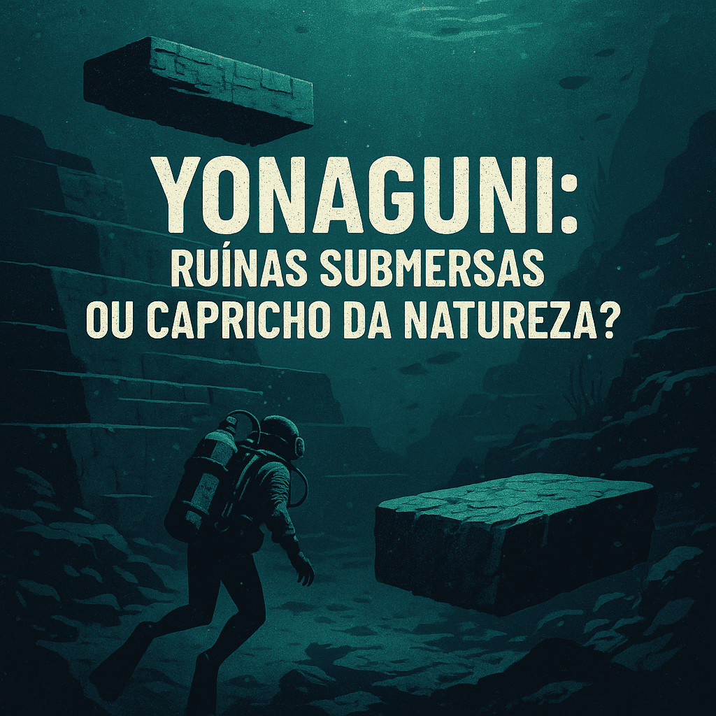 “Ilustração quadrada com ruínas submersas de Yonaguni, misturando arqueologia e mistério.” Yonaguni Japão