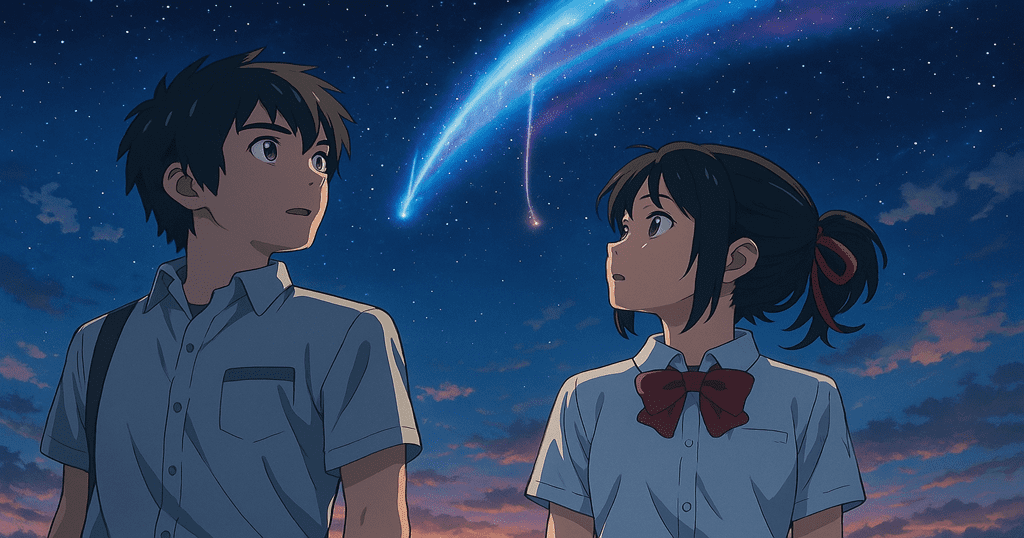 Cena do anime Your Name com Taki e Mitsuha olhando para o céu estrelado e o cometa ao fundo