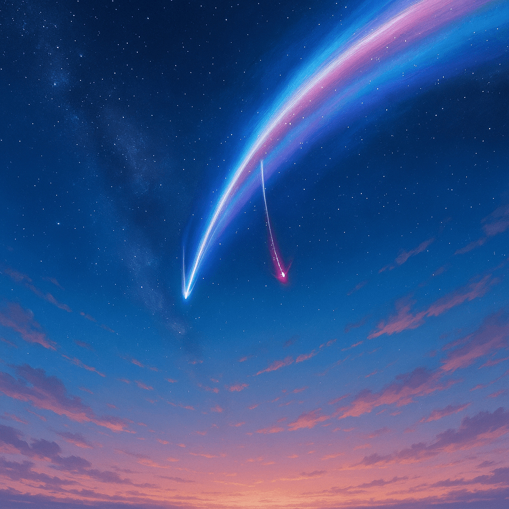 Imagem artística do cometa em Your Name com céu azul e rosa ao entardecer