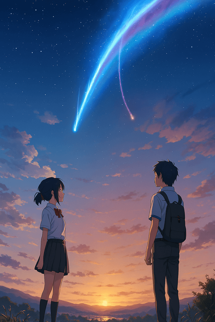 Arte vertical do anime Your Name com Taki e Mitsuha e frase sobre amor e destino