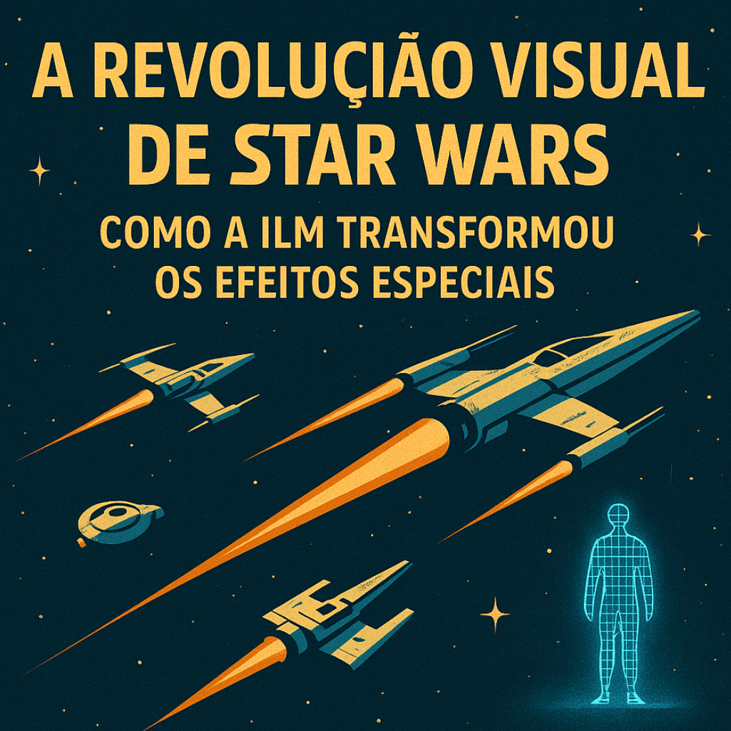 Imagem quadrada com o título “A Revolução Visual de Star Wars: Como a ILM Transformou os Efeitos Especiais”. Mostra naves espaciais genéricas voando no espaço e uma figura humana em holograma azul, sobre fundo estrelado e cores em tons de azul e dourado.