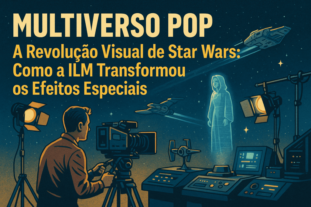 Imagem ilustrada mostrando um cineasta operando uma câmera em um estúdio futurista com hologramas e naves genéricas, sob o título “A Revolução Visual de Star Wars: Como a ILM Transformou os Efeitos Especiais”.