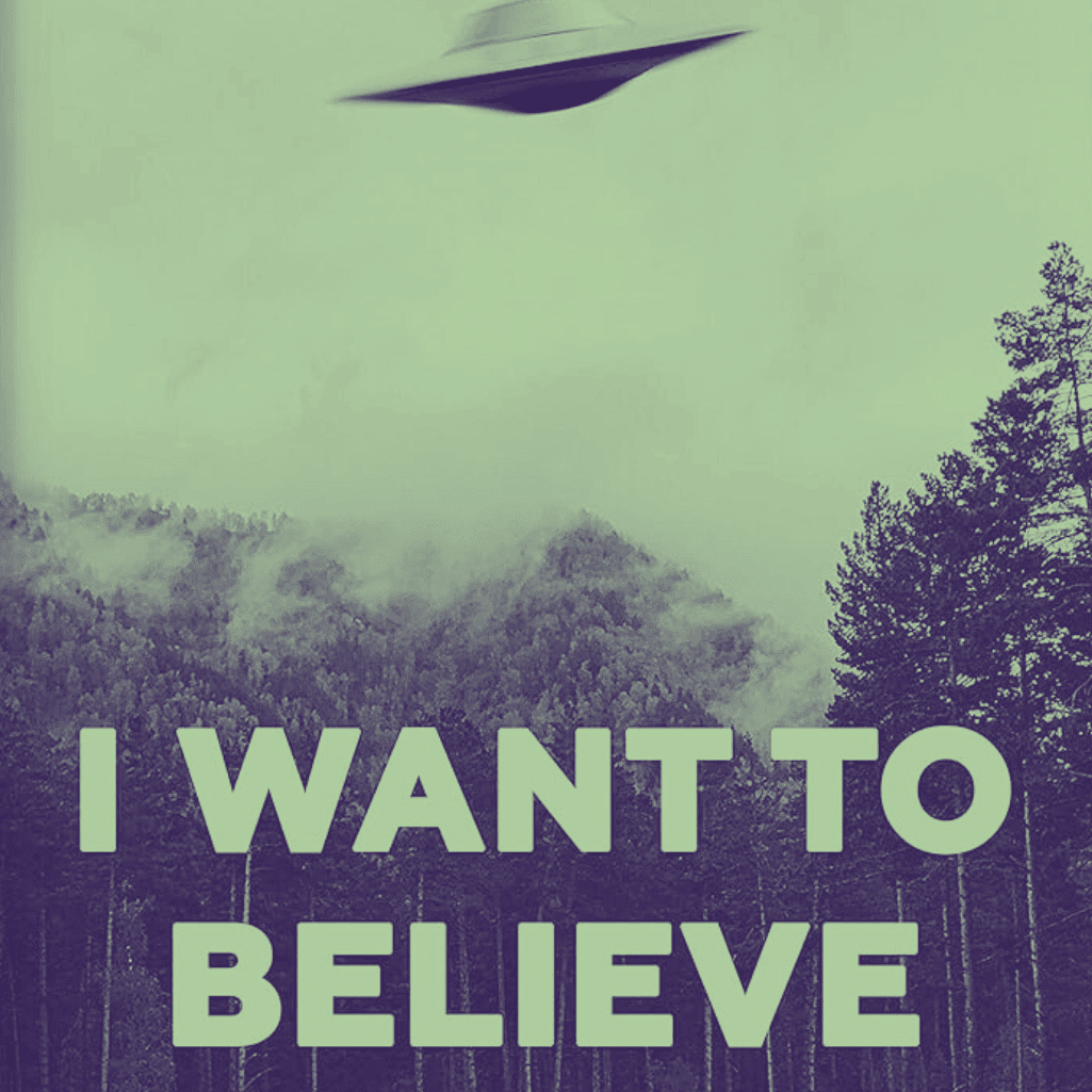 “Pôster ‘I Want to Believe’ de Arquivo X representando o mistério analógico e a dúvida na cultura pop”