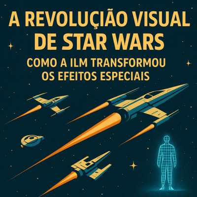 Imagem quadrada com o título “A Revolução Visual de Star Wars: Como a ILM Transformou os Efeitos Especiais”. Mostra naves espaciais genéricas voando no espaço e uma figura humana em holograma azul, sobre fundo estrelado e cores em tons de azul e dourado.
