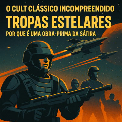 Tropas Estelares - Imagem ilustrada com soldados futuristas genéricos em armaduras azul-escuras segurando rifles, com naves espaciais voando ao fundo e o título “O Cult Clássico Incompreendido — Tropas Estelares: Por que é uma Obra-Prima da Sátira”.