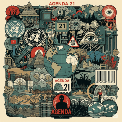 “Imagem quadrada com ícones de geopolítica e conspiração, sobre a Agenda 21.”