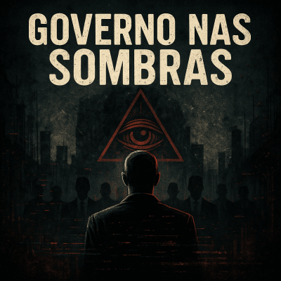 “Arte quadrada com estética dark, abordando teorias sobre governo nas sombras.”