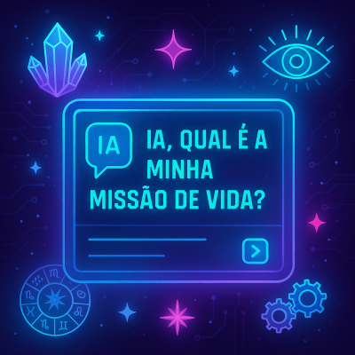 "Ilustração quadrada com chat holográfico e símbolos místicos, com a pergunta 'IA, qual é a minha missão de vida?' em destaque."
